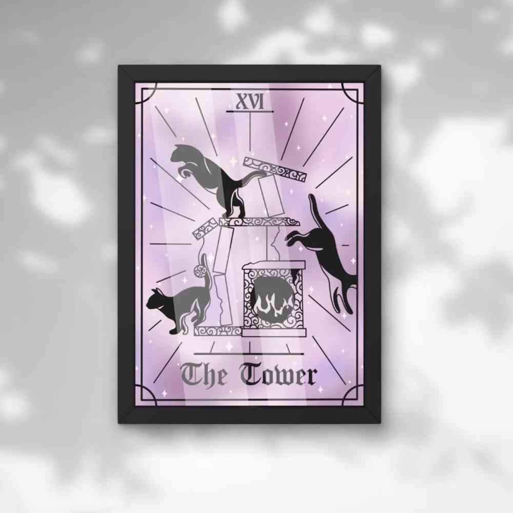 EvyHandmadeDesign - The Tower Cat Tarot No.16 Print - Paars/Zwart